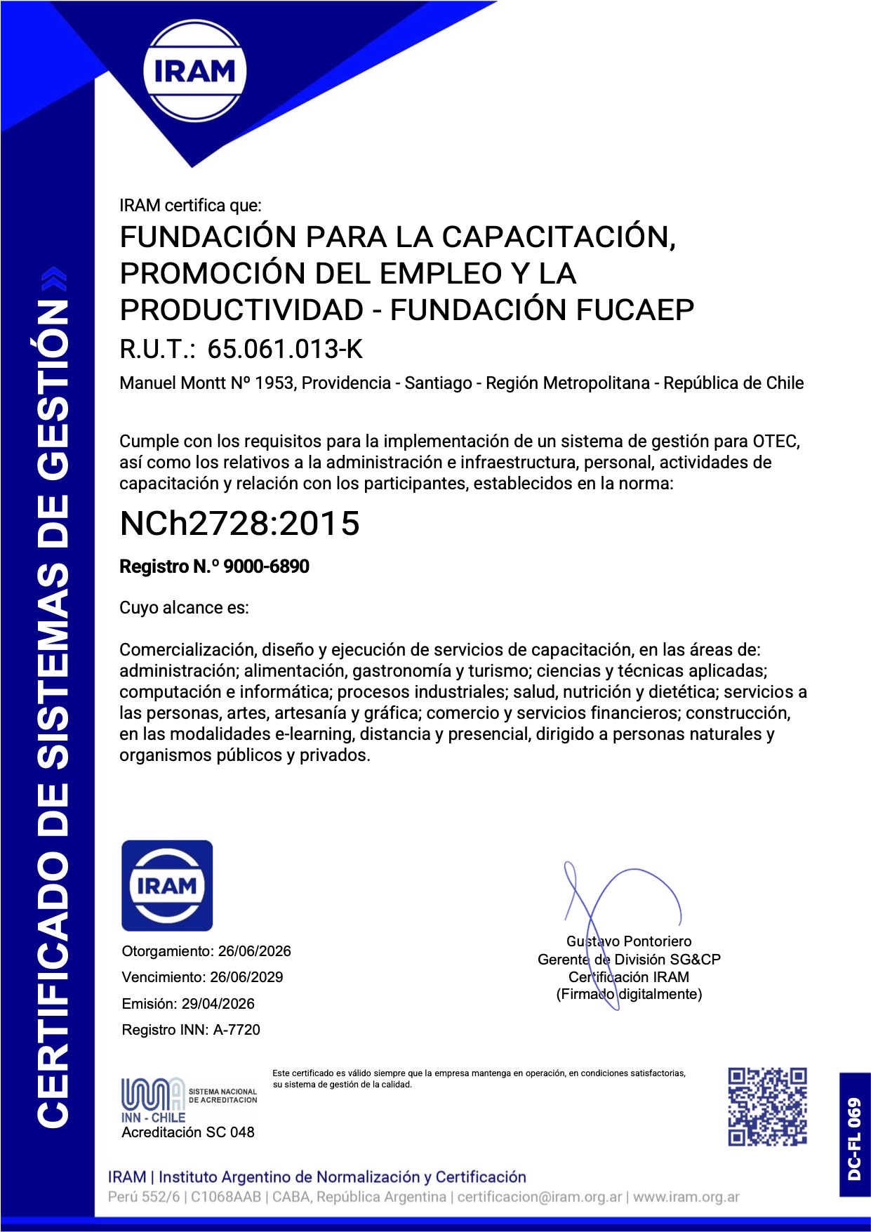 Certificación NCh2728:2015 Fundación FUCAEP